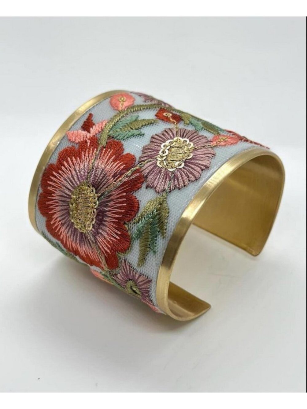 Rust Rose Pink Embroidered Brushed Gold tone Vintage Inspired Cuff Bracelet - Picture 3 of 11